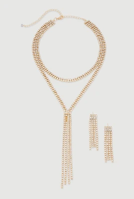 Womens Cubic Zirconia Y Necklace and Drop Earrings, Gold