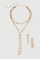 Womens Cubic Zirconia Y Necklace and Drop Earrings, Gold
