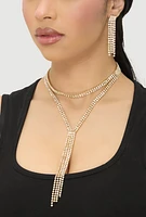 Womens Cubic Zirconia Y Necklace and Drop Earrings, Gold