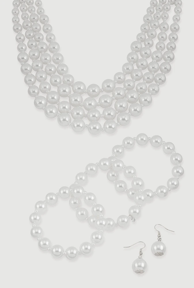 Womens Faux Pearl Layered Choker Necklace with Drop Earrings and Bracelets, White