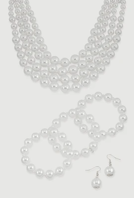 Womens Faux Pearl Layered Choker Necklace with Drop Earrings and Bracelets, White