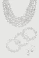 Womens Faux Pearl Layered Choker Necklace with Drop Earrings and Bracelets, White