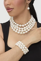 Womens Faux Pearl Layered Choker Necklace with Drop Earrings and Bracelets, White