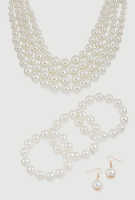 Womens Faux Pearl Layered Choker Necklace with Drop Earrings and Bracelets, White