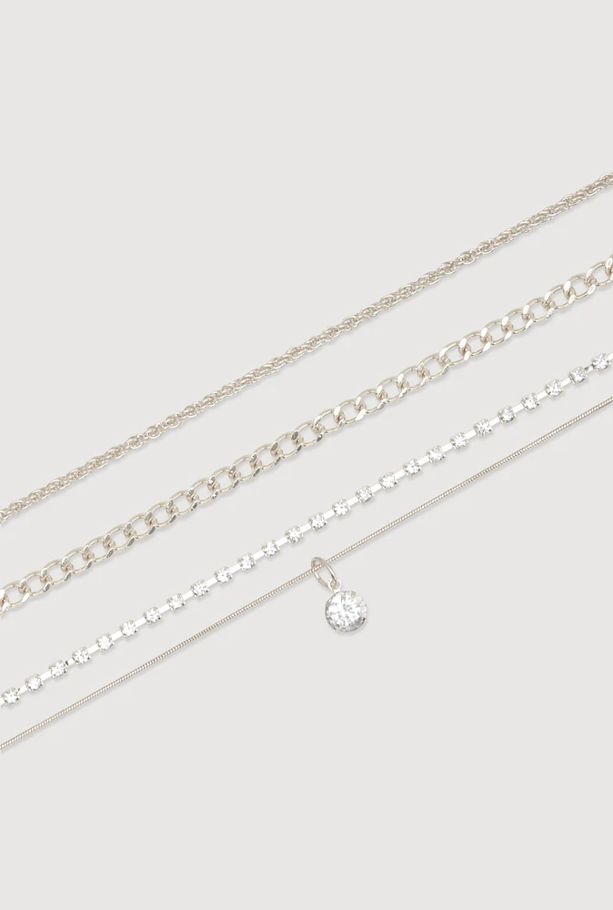 Womens Cubic Zirconia Assorted Metallic Anklets Set of 3, Silver