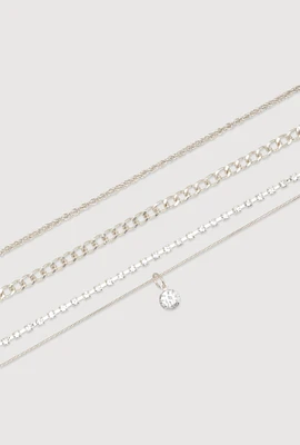 Womens Cubic Zirconia Assorted Metallic Anklets Set of 3, Silver