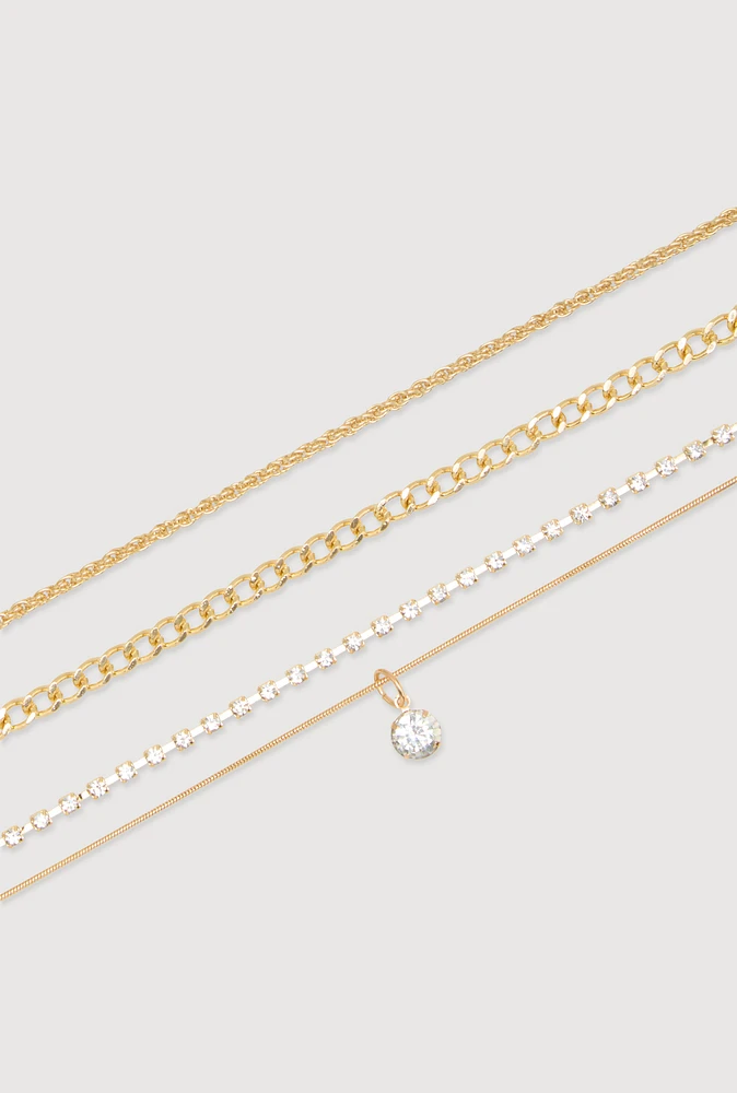 Womens Cubic Zirconia Assorted Metallic Anklets Set of 3, Gold