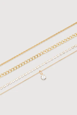 Womens Cubic Zirconia Assorted Metallic Anklets Set of 3, Gold