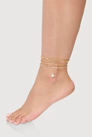 Womens Cubic Zirconia Assorted Metallic Anklets Set of 3, Gold