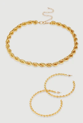 Womens Twisted Rope Chain Necklace with Hoop Earrings, Gold