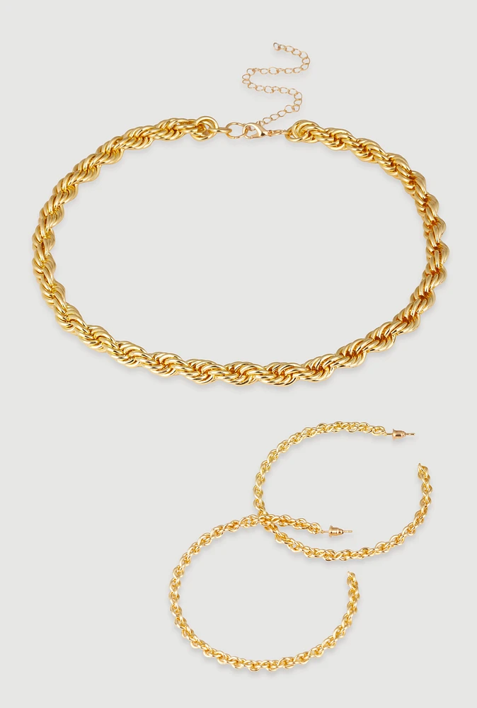 Womens Twisted Rope Chain Necklace with Hoop Earrings, Gold