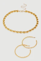 Womens Twisted Rope Chain Necklace with Hoop Earrings, Gold