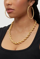 Womens Twisted Rope Chain Necklace with Hoop Earrings, Gold