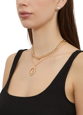 Womens Rhinestone Charm Layered Necklace with Stud Earrings, Gold