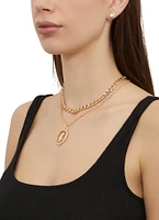 Womens Rhinestone Charm Layered Necklace with Stud Earrings, Gold
