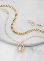 Womens Rhinestone Charm Layered Necklace with Stud Earrings, Gold