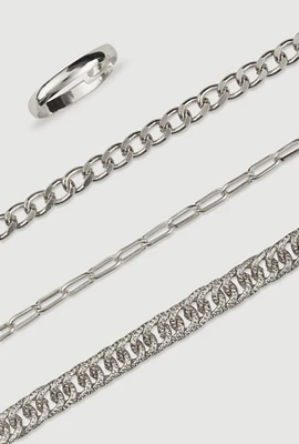 Womens Assorted Metallic Chain Anklets with Toe Ring, Silver