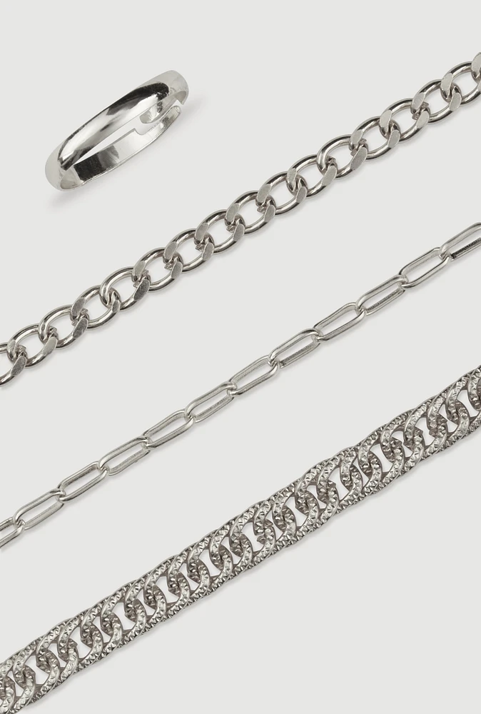Womens Assorted Metallic Chain Anklets with Toe Ring, Silver