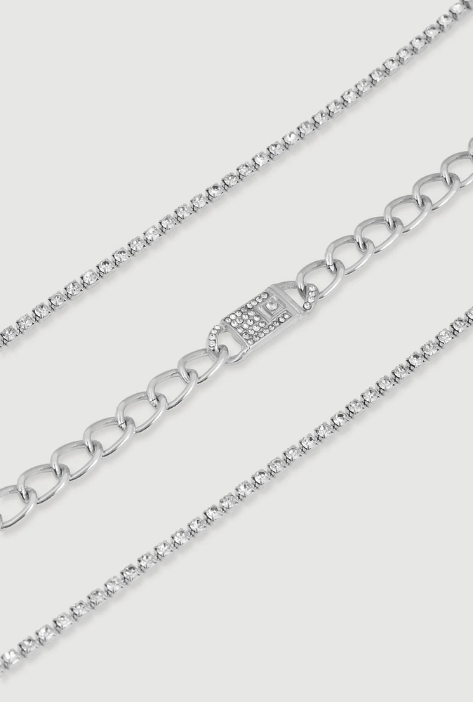 Womens Cubic Zirconia Buckle Charm Anklet Trio, Silver
