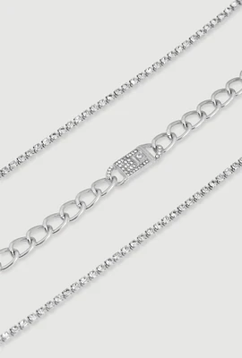 Womens Cubic Zirconia Buckle Charm Anklet Trio, Silver