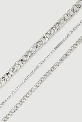 Womens Cubic Zirconia Chain Anklets Set of 3, Silver