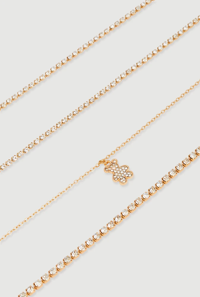 Womens Rhinestone Bear Anklets Set of 4,