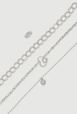 Womens Heart Charm Anklet Trio with Toe Ring, Silver