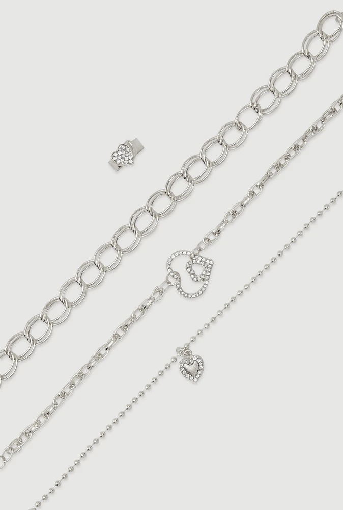 Womens Heart Charm Anklet Trio with Toe Ring, Silver