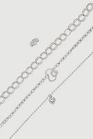 Womens Heart Charm Anklet Trio with Toe Ring, Silver