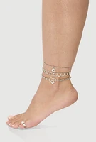 Womens Heart Charm Anklet Trio with Toe Ring, Silver