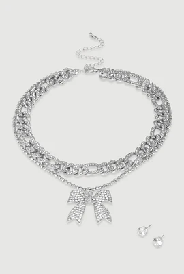 Womens Elegant Cubic Zirconia Bow Detail Necklace Set, Silver