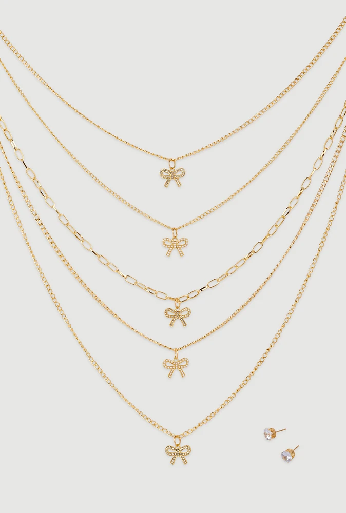 Womens Elegant Cubic Zirconia Bow Detail Layered Necklace Set, Gold