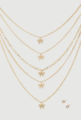Womens Elegant Cubic Zirconia Bow Detail Layered Necklace Set, Gold