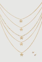 Womens Elegant Cubic Zirconia Bow Detail Layered Necklace Set, Gold