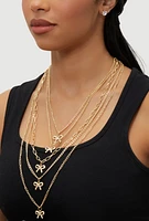 Womens Elegant Cubic Zirconia Bow Detail Layered Necklace Set, Gold
