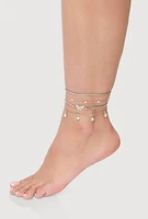 Womens Cubic Zirconia Assorted Metallic Anklets Set of 3, Silver