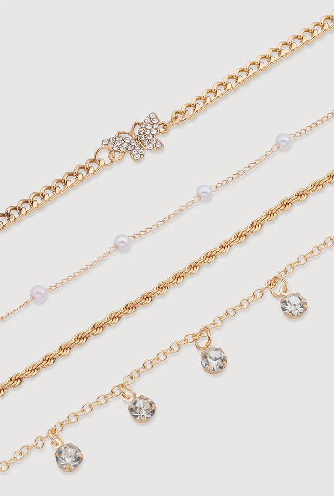 Womens Cubic Zirconia Assorted Metallic Anklets Set of 3, Gold