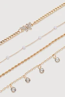 Womens Cubic Zirconia Assorted Metallic Anklets Set of 3, Gold