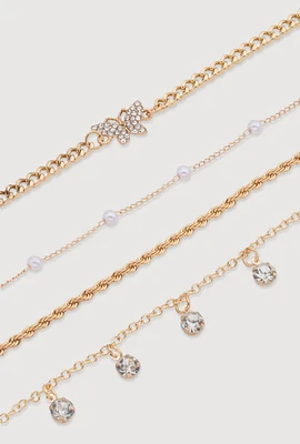 Womens Cubic Zirconia Assorted Metallic Anklets Set of 3, Gold