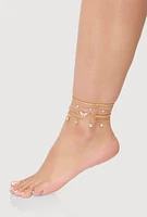 Womens Cubic Zirconia Assorted Metallic Anklets Set of 3, Gold