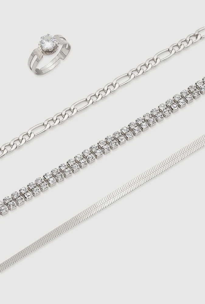 Womens Cubic Zirconia Assorted Metallic Anklets with Toe Ring, Silver