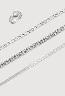 Womens Cubic Zirconia Assorted Metallic Anklets with Toe Ring, Silver
