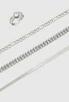 Womens Cubic Zirconia Assorted Metallic Anklets with Toe Ring, Silver