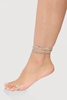 Womens Cubic Zirconia Assorted Metallic Anklets with Toe Ring, Silver