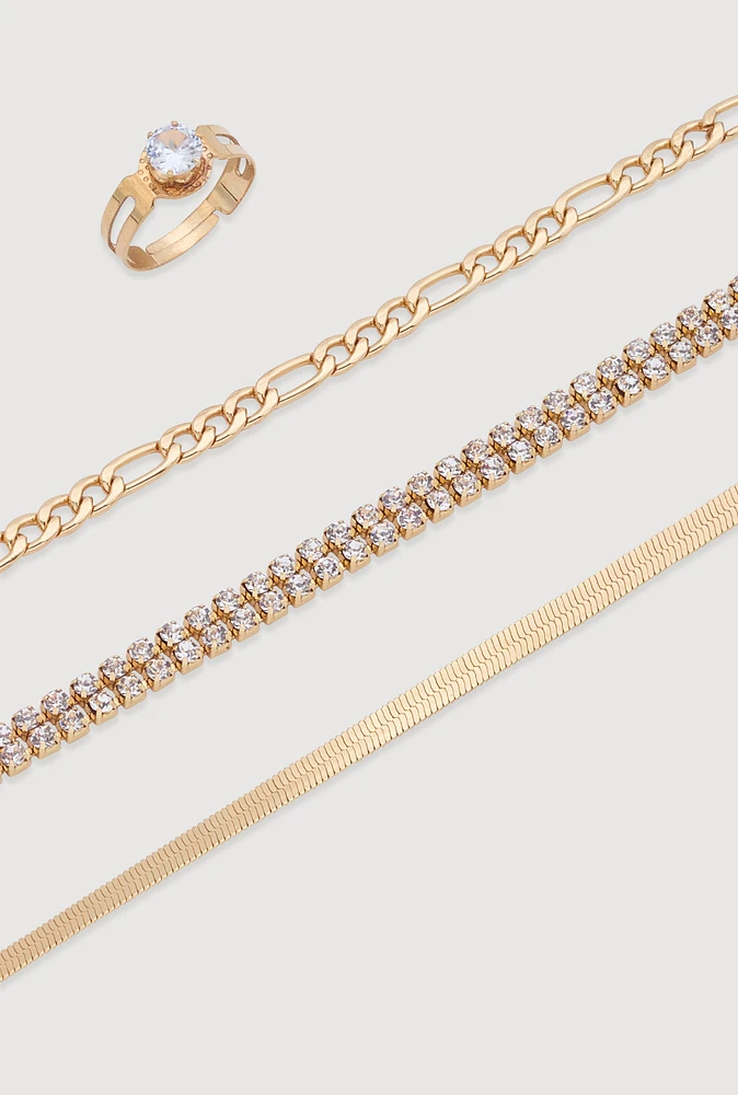 Womens Cubic Zirconia Assorted Metallic Anklets with Toe Ring, Gold