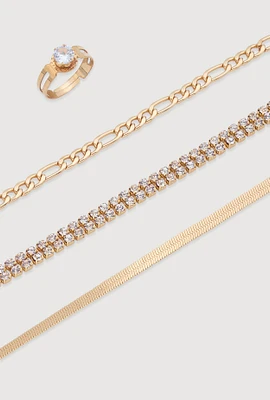 Womens Cubic Zirconia Assorted Metallic Anklets with Toe Ring, Gold