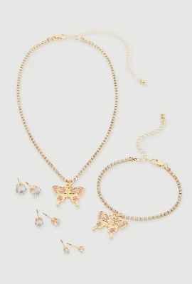 Womens Cubic Zirconia Butterfly Necklace and Bracelet with Stud Earrings Set of 5, Gold