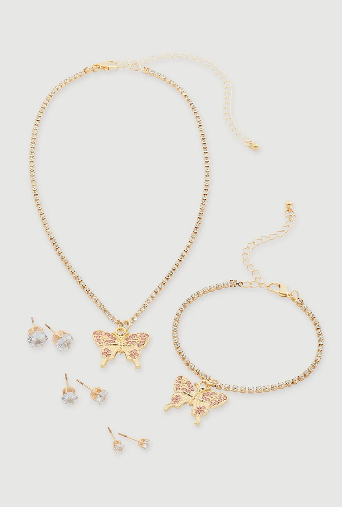 Womens Cubic Zirconia Butterfly Necklace and Bracelet with Stud Earrings Set of 5, Gold