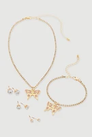 Womens Cubic Zirconia Butterfly Necklace and Bracelet with Stud Earrings Set of 5, Gold