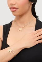 Womens Cubic Zirconia Butterfly Necklace and Bracelet with Stud Earrings Set of 5, Gold